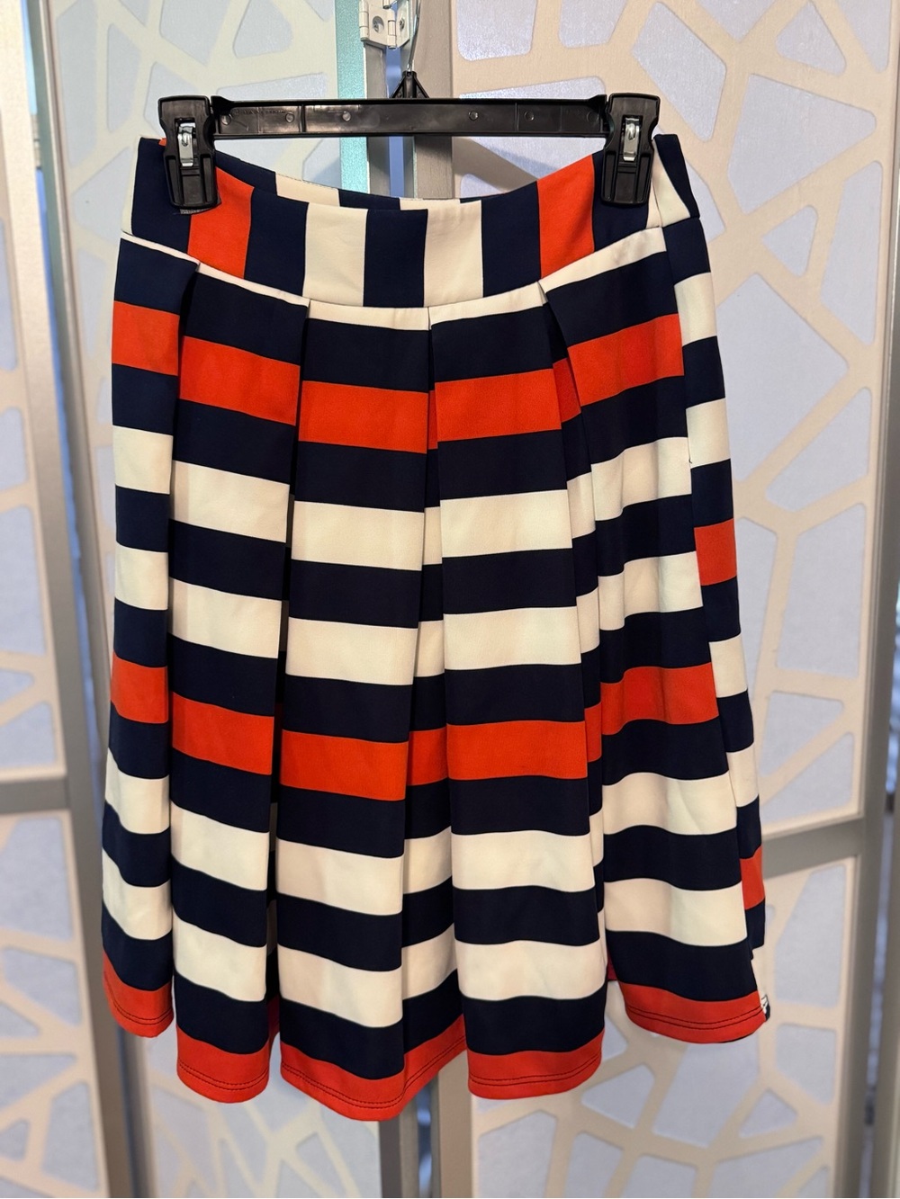 Faith and Joy Navy, White & Red Striped Pleated Midi Skirt